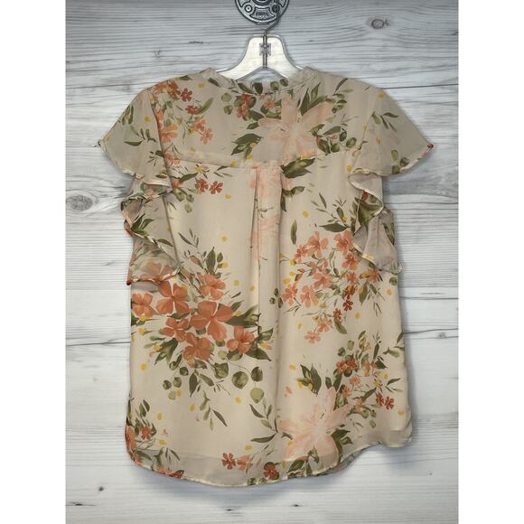 Tahari Shirt Womens Small Beige Floral Ruffle Sleeve Sheer Chiffon Blouse Top - Picture 11 of 11